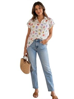 Grand & Greene Macaron Print Flutter Sleeve Button Up Blouse Size XL White Rayon